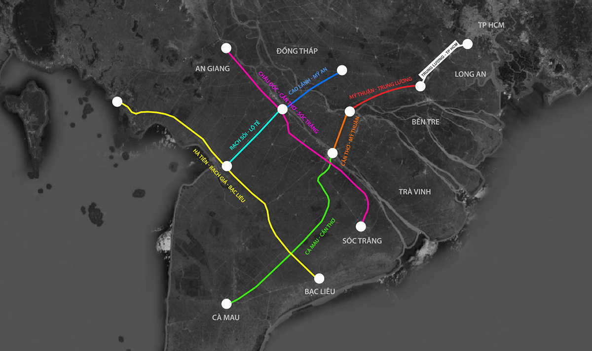 Sơ đồ tuyến cao tốc Châu Đốc - Cần Thơ - Sóc Trăng.