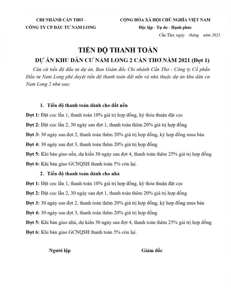 Phương pháp thanh toán đầy đủ khu Nam Long Central Lake Cần Thơ